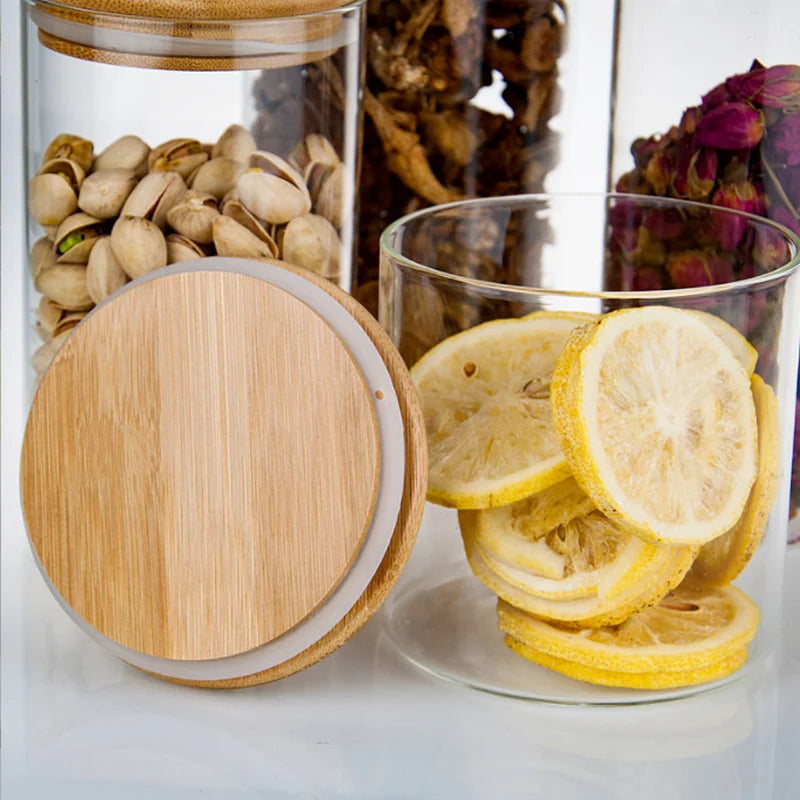 Glass Airtight Canister with Wood Lid - Kitchen Storage Jars