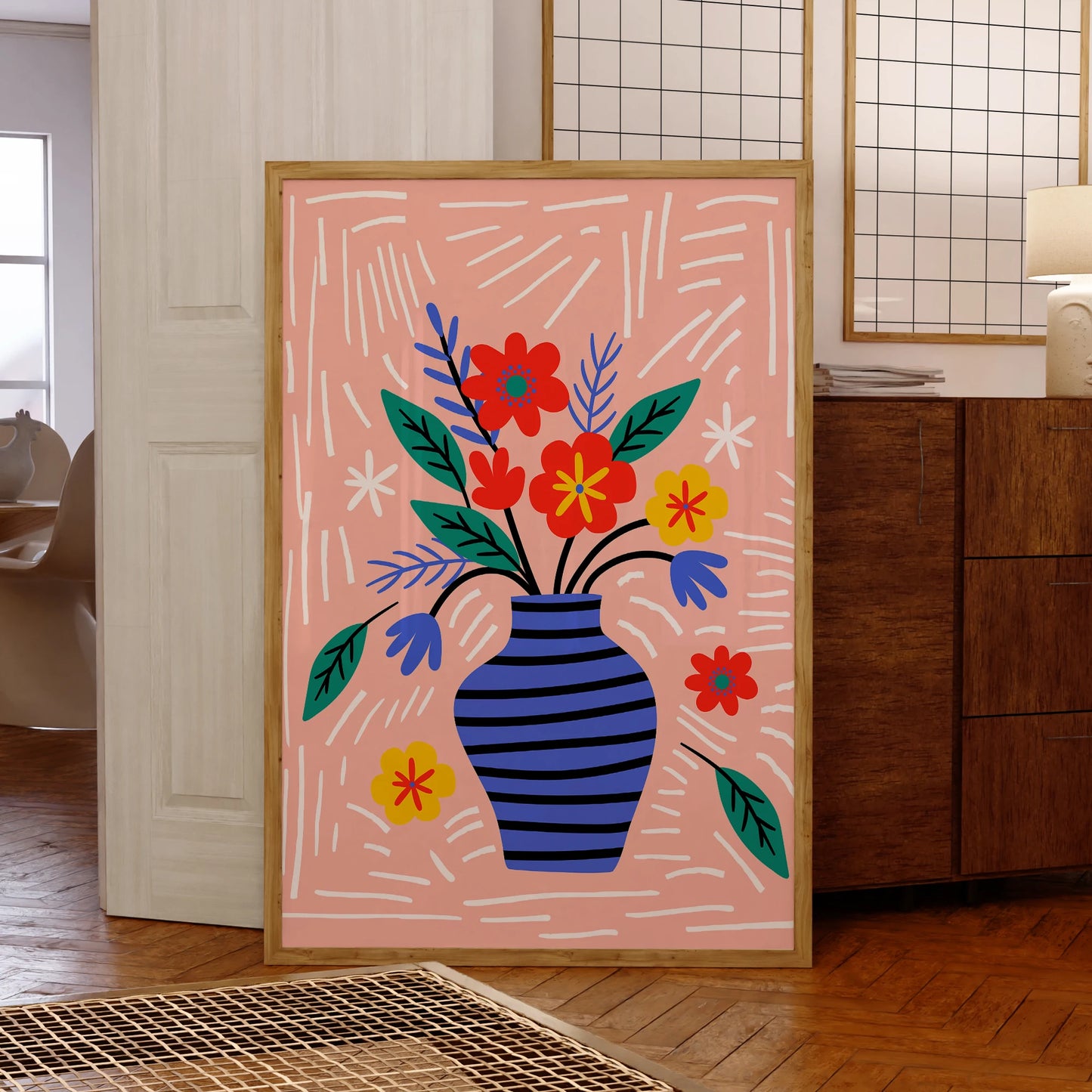 Modern Floral Canvas Art - Pink Background Wall Decor for Living Spaces