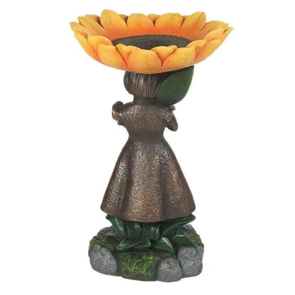 Playful Sunflower Girl Bird Bath Pedestal Fountain