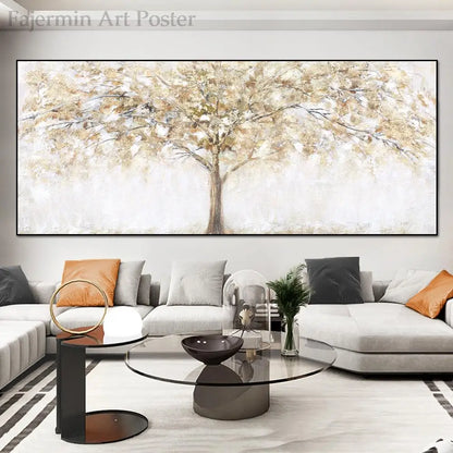 Large Gold Tree Canvas Painting - Autumn Landscape Wall Art