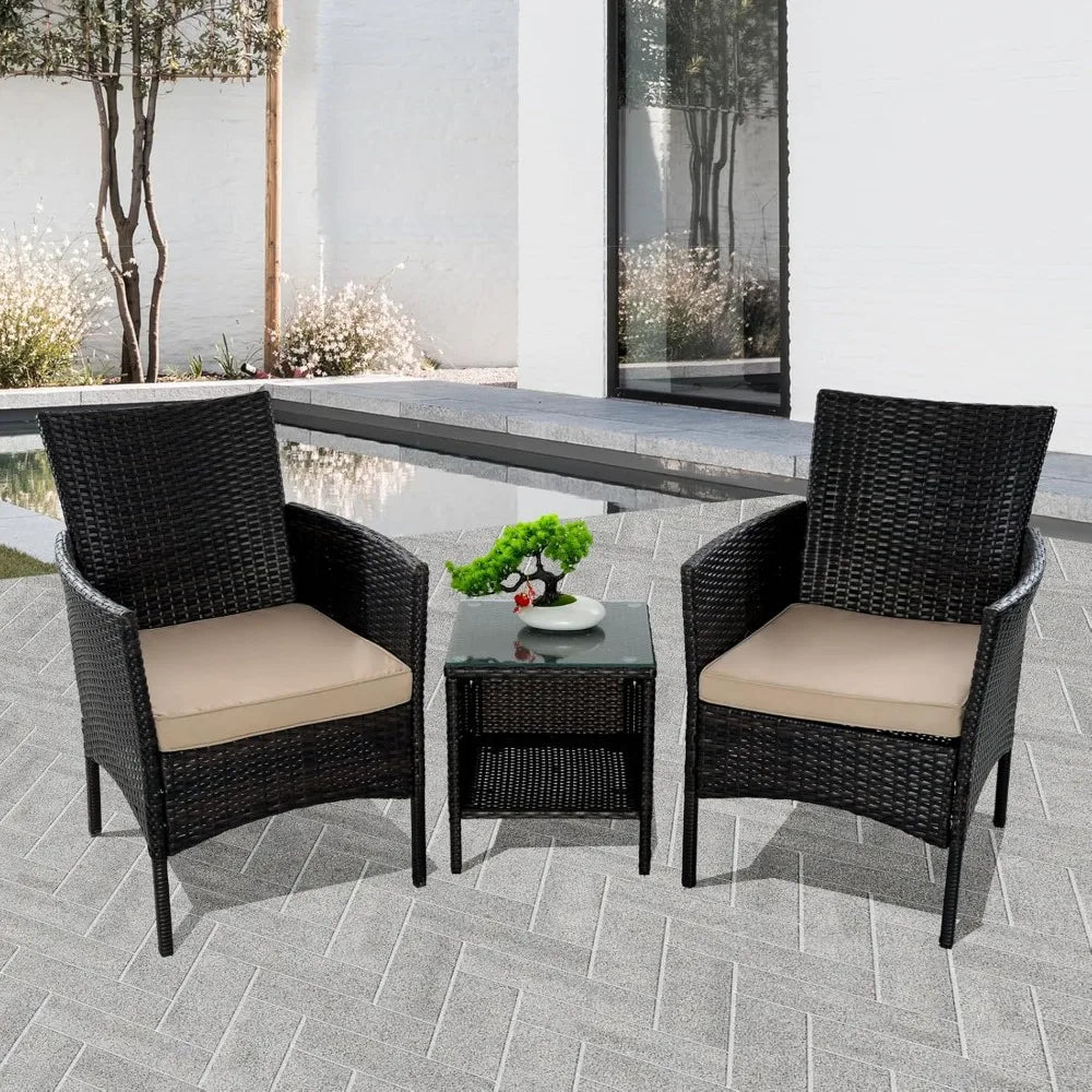 3-Piece Outdoor Patio Furniture Set with PE Rattan Chairs and Table