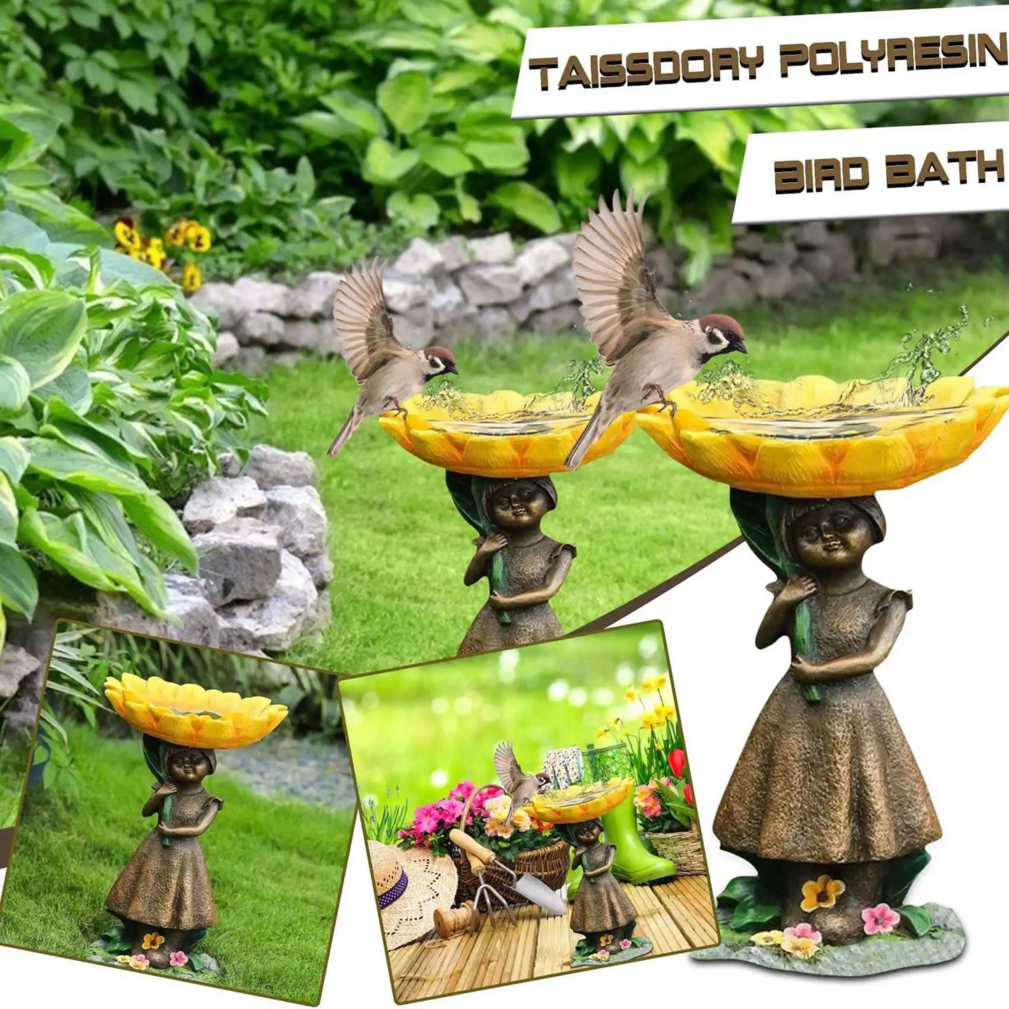 Playful Sunflower Girl Bird Bath Pedestal Fountain