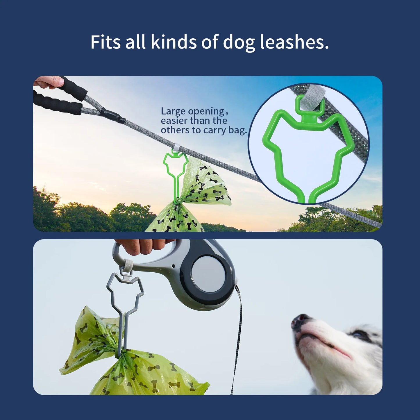 Dog Poop Bag Holder & Waste Bag Carrier - Hands-Free Leash Dispenser