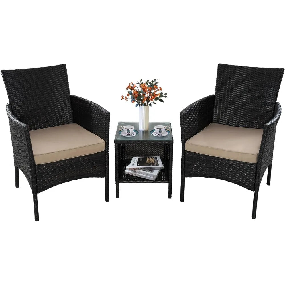 3-Piece Outdoor Patio Furniture Set with PE Rattan Chairs and Table