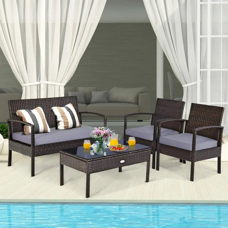 Mocha 4-Piece Patio Rattan Furniture Set with Cushions & Coffee Table