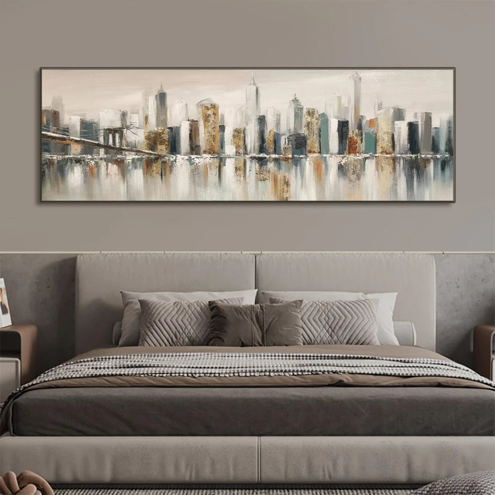 Modern Abstract Brooklyn Bridge Oil Painting - New York Cityscape Wall Art for Living Room Décor