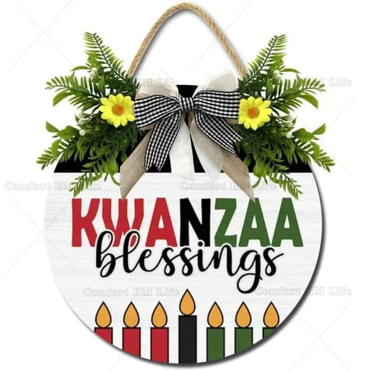 Festive Happy Kwanzaa Wooden Door Sign with Burlap Bow & Greenery