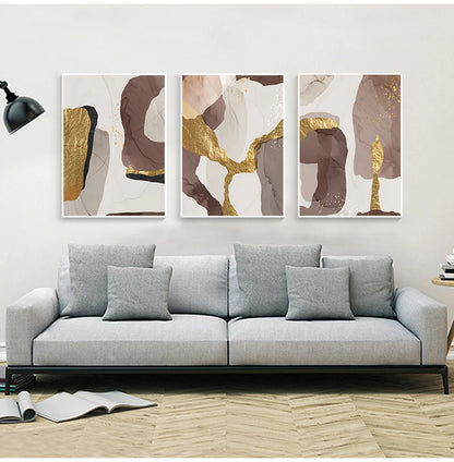 Luxe Abstract Marble Canvas Art – Brown & Gold Foil Modern Wall Decor